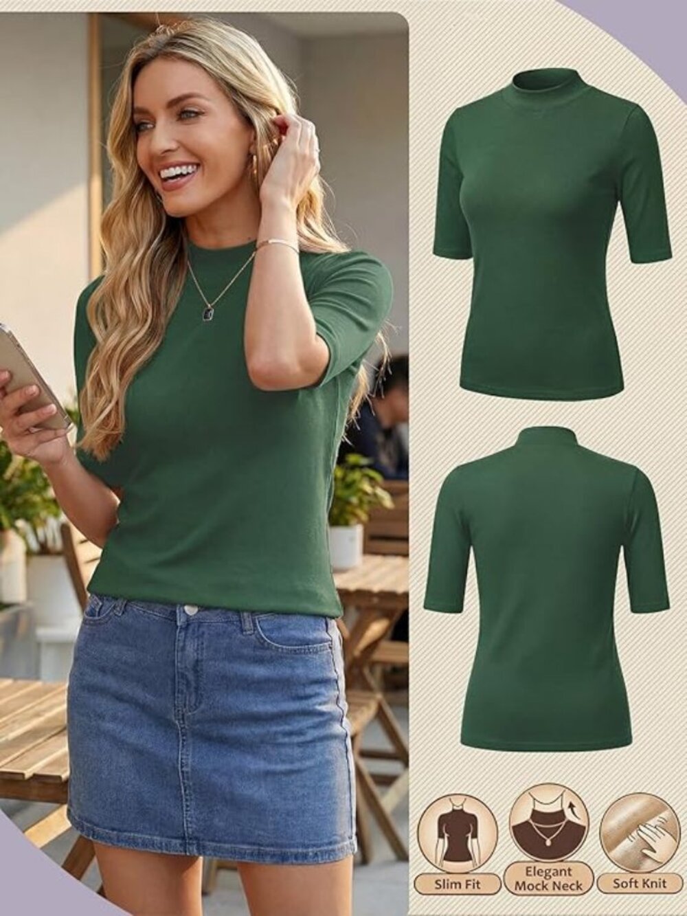 Green Mock Neck Short Sleeve Shirt